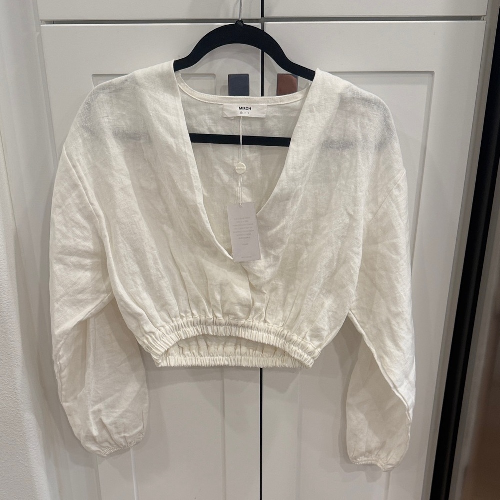 Mikoh Mason Cream Linen V-Neck Cropped Balloon Sleeve Top